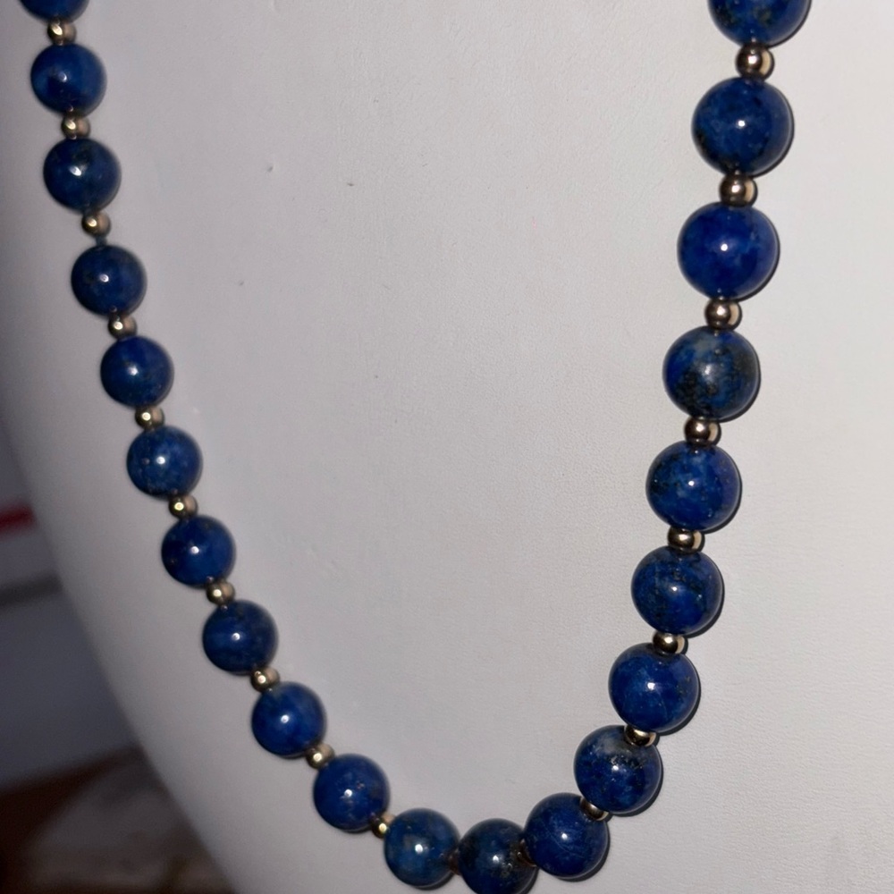 MCM 8mm Blue Lapis Lazuli 10k Gold Spacer Beaded Long Necklace
